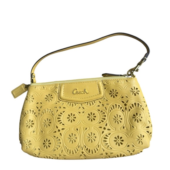 Coach Perforated Floral Design Yellow Leather Mini Handbag - Picture 1 of 11